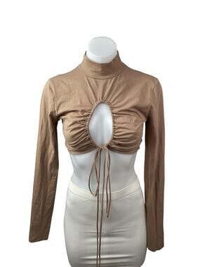 Isalis Womens Brown Tan Cutout Ruched Tie Keyhole Knot Mock Neck Crop Top Size M